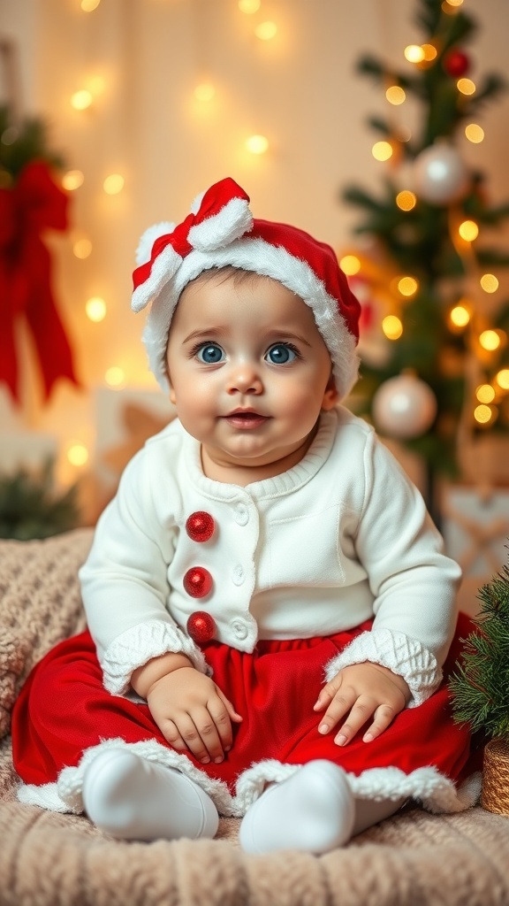 A baby girl in a red and white Christmas outfit with a headband, sitting on a blanket with holiday decorations.